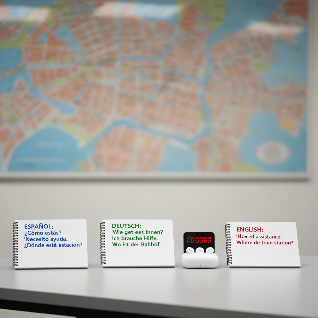 A detailed tabletop scene inside a modern training room for interpreters in Istanbul, completely empty of people, showing three open notebooks with neatly printed sample dialogue lines in different colored blocks to suggest Spanish, German, and English, alongside a row of sleek wireless earpieces and a small digital timer. The surface is a light grey laminate, contrasting with a blurred backdrop of a city map of Istanbul on the wall, slightly out of focus. Soft, even overhead lighting minimizes harsh shadows, creating a neutral, studious mood. Photographic realism, captured from a slightly elevated perspective using the rule of thirds, emphasizes preparation and accuracy in professional spoken translation.