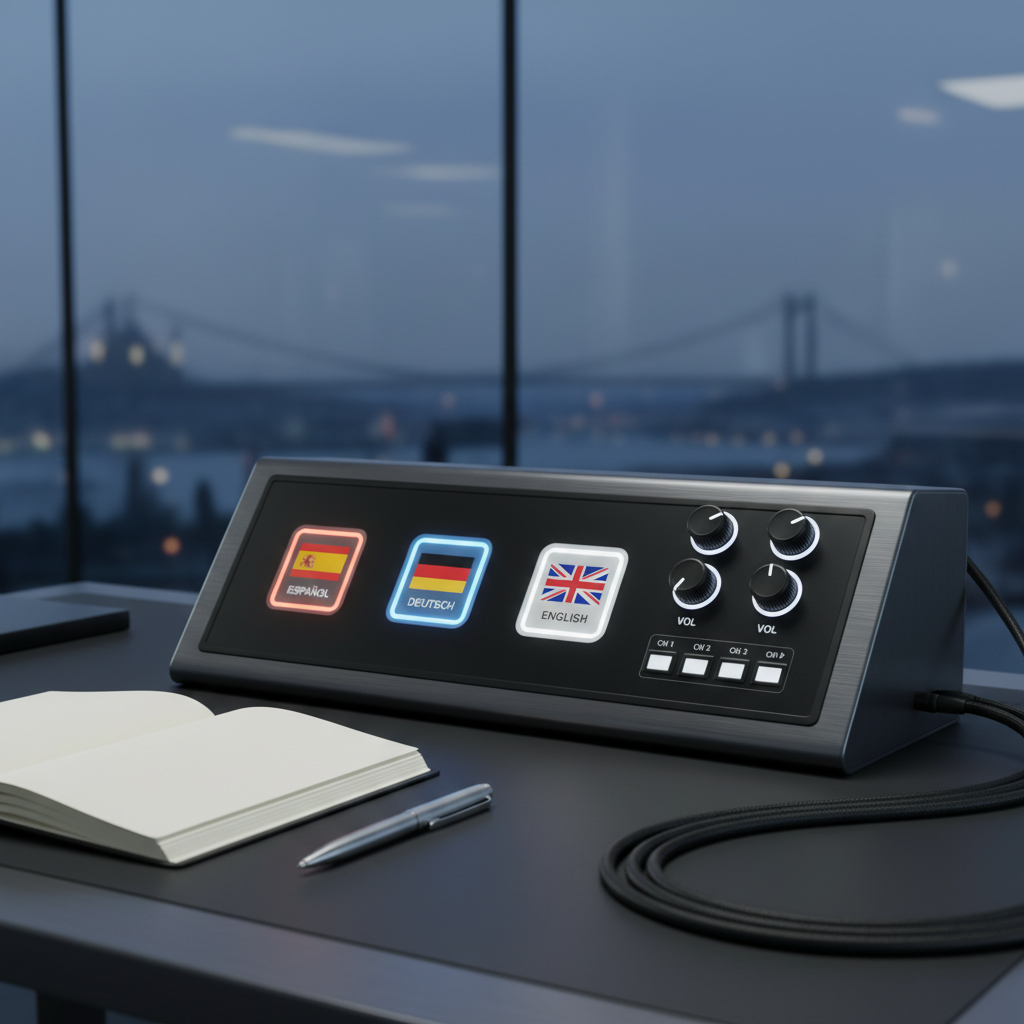 A close-up, photographic realistic view of a digital language control panel on a sleek interpreter’s desk, showing illuminated buttons and simple icons symbolizing Spanish, German, and English, alongside clearly separated volume dials and channel selectors. The device sits on a matte black surface, with neatly coiled cables and an open notebook with blank pages nearby. Cool, focused overhead lighting creates subtle reflections on the brushed metal and plastic textures, emphasizing precision and reliability. The background fades into soft bokeh, hinting at a glass-walled Istanbul office with muted outlines of bridges and minarets, establishing a sophisticated, high-tech mood suitable for professional spoken translation services.