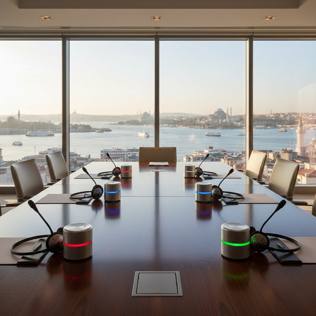 A polished conference table set for a multilingual business meeting, but with no people present, showing four high-end interpretation headsets arranged symmetrically, each paired with a small device labeled only by colored lights suggesting Spanish, German, and English channels. Behind the table, floor-to-ceiling windows reveal a bright, recognizable Istanbul cityscape with the Bosphorus and historic architecture softened in the distance. Warm, diffused daylight illuminates the glossy wood grain and metallic details, creating a clean, corporate atmosphere. Captured from a slightly elevated angle in photographic realism, with balanced composition and moderate depth of field, the image highlights professional simultaneous interpretation infrastructure ready for use across Istanbul.