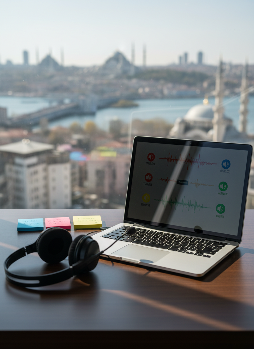 A sleek, modern translating workstation without any people, featuring an open laptop with a multilingual conference interface on screen, a high-quality headset resting beside it, and color-coded language notes neatly arranged on a smooth dark wooden desk. Through a large panoramic window, the recognizable silhouette of Istanbul’s skyline with domes and bridges appears softly out of focus. Early afternoon natural light floods the room, creating clear reflections on the laptop’s metallic surface and gentle shadows under the objects. Photographic realism at eye level, with a shallow depth of field that keeps the devices in crisp focus while the city view and background fade into a professional, calm blur, conveying precise, business-oriented spoken translation services.