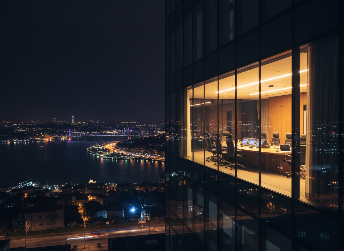 A dramatic, photographic realistic night scene of a glass-fronted Istanbul office tower, with one high-floor meeting room illuminated in warm light. Through the window, a pristine conference setup is visible: a central control console with multiple illuminated language channels, interpretation headsets neatly aligned, and laptops open on an oval table, but no people present. Outside, the Bosphorus and city lights form a glittering, slightly blurred backdrop. The contrast between the warm interior glow and cool blue city tones creates a dynamic yet composed atmosphere, emphasizing that multilingual spoken translation services operate professionally across Istanbul, even after regular business hours.