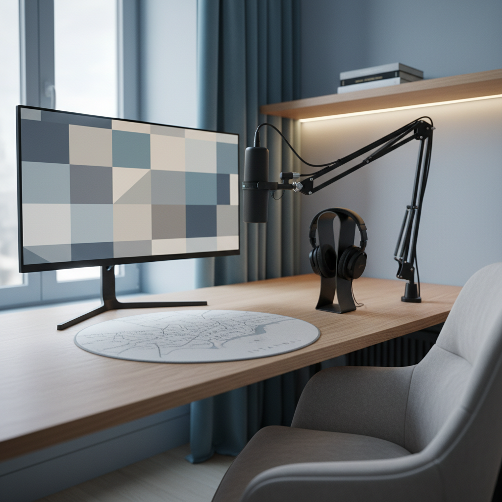 An elegant, minimalist office corner prepared for remote oral translation sessions, with a large, slim monitor showing an abstract grid of muted video windows without any human figures, a studio-grade microphone on an articulating arm, and a pair of closed-back headphones resting on a stand. The desk is a light oak surface with a discreet map of Istanbul etched into a desk pad, subtly emphasizing Istanbul-wide service. Soft, cool daylight from a side window combines with gentle LED task lighting, creating a balanced, distraction-free environment. Photographic realism, shot at a three-quarter angle with a shallow depth of field, conveys a calm, focused, and highly professional atmosphere for multilingual business communication.