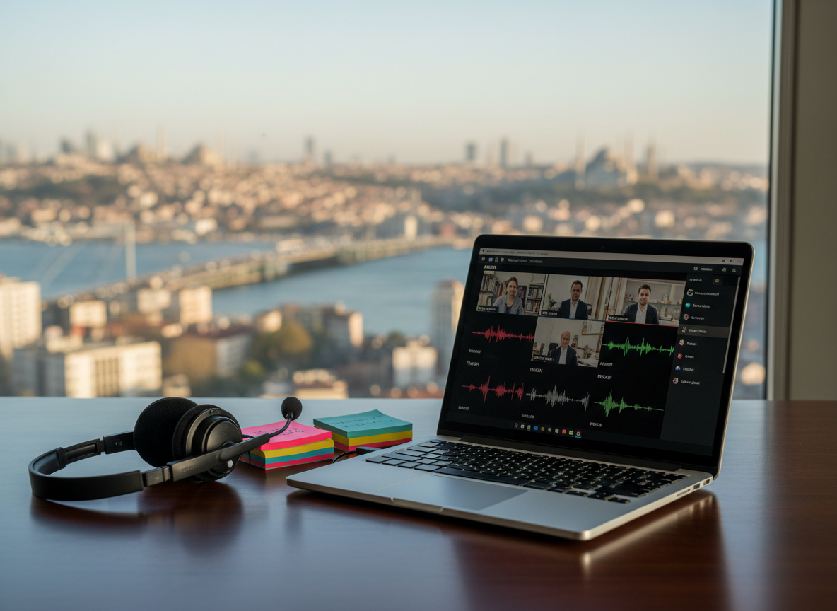 A sleek, modern translating workstation without any people, featuring an open laptop with a multilingual conference interface on screen, a high-quality headset resting beside it, and color-coded language notes neatly arranged on a smooth dark wooden desk. Through a large panoramic window, the recognizable silhouette of Istanbul’s skyline with domes and bridges appears softly out of focus. Early afternoon natural light floods the room, creating clear reflections on the laptop’s metallic surface and gentle shadows under the objects. Photographic realism at eye level, with a shallow depth of field that keeps the devices in crisp focus while the city view and background fade into a professional, calm blur, conveying precise, business-oriented spoken translation services.